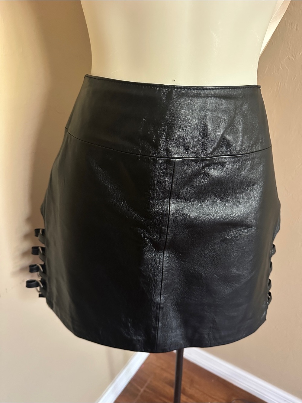 Wilsons Leather Black Faux Leather Mini Skirt with Side Bow Tabs